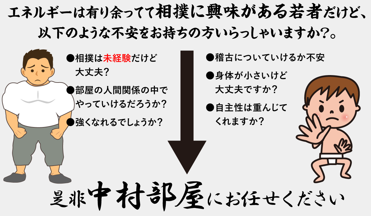 エネルギーは有り余ってて相撲に興味がある若者だけど、 以下のような不安をお持ちの方いらっしゃいますか？。